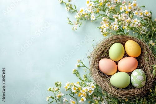 Easter Eggs in a Nest with Flowers