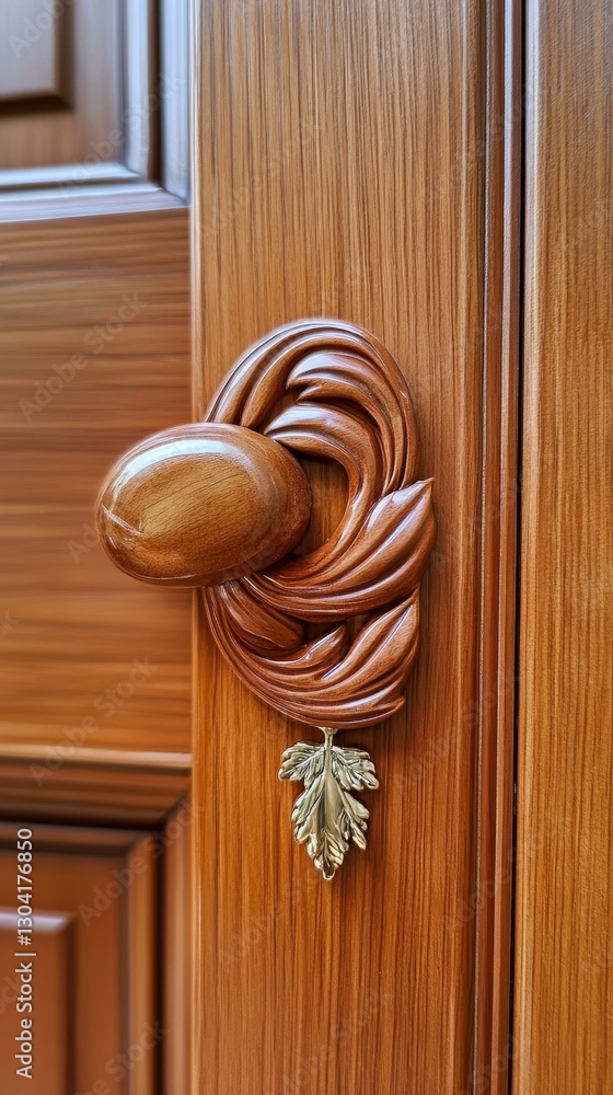 Fototapeta premium Ornate Wooden Door Handle and Leaf Detail