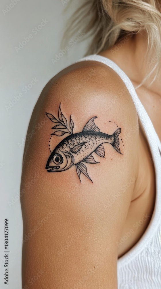 Obraz premium Fish tattoo on female caucasian young adult's arm with white tank top