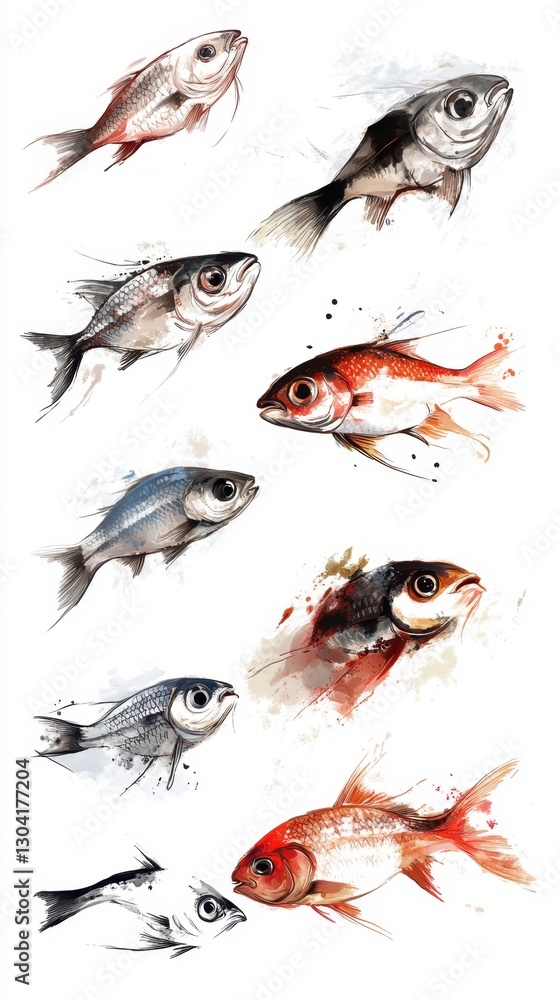 Diverse fish illustrations showcasing various species in artistic styles Diverse fish illustrations showcasing various species in artistic styles