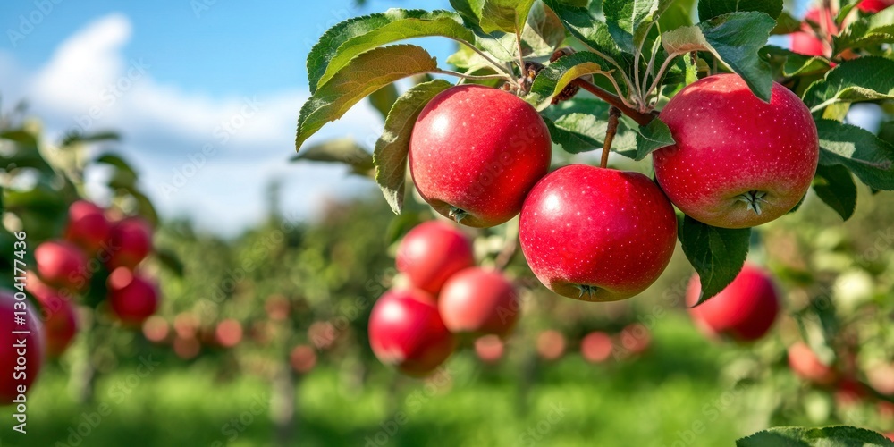 Obraz premium Red apples on an apple tree branch in an orchard against a blue sky on a sunny day, with a background of green trees and grass