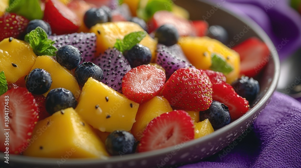 Fresh fruit salad with mango, strawberry, blueberry, and dragon fruit Fresh fruit salad with mango, strawberry, blueberry, and dragon fruit