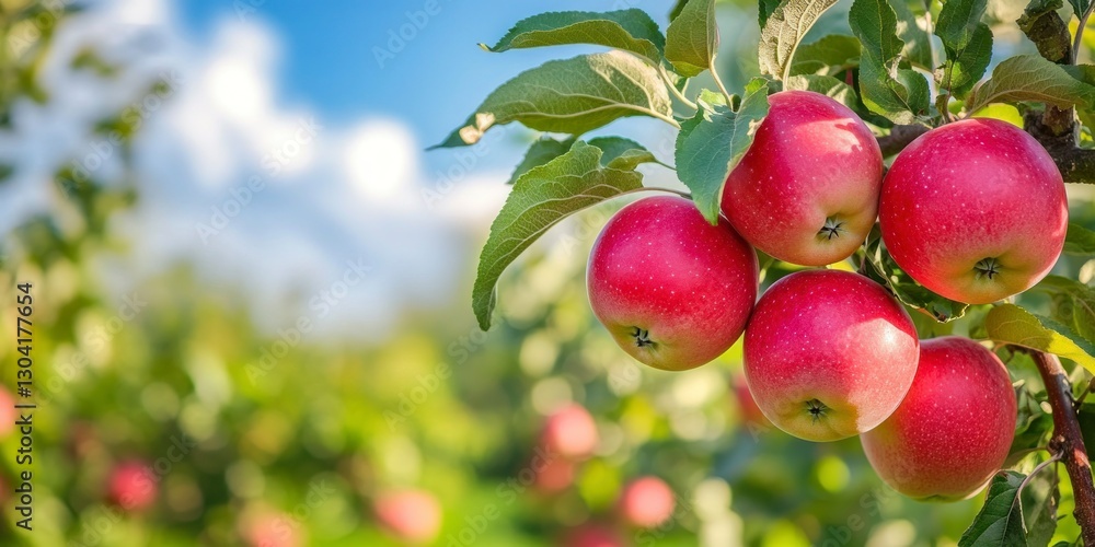 Red apples on an apple tree branch in an orchard against a blue sky on a sunny day, with a background of green trees and grass Red apples on an apple tree branch in an orchard against a blue sky on a sunny day, with a background of green trees and grass