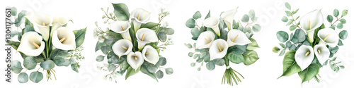 Elegant white calla lily bouquets with lush green leaves and eucalyptus branches, beautifully arranged in series of four floral compositions