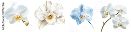 collection of delicate orchid flowers in various shades of white and blue, showcasing their intricate petals and natural beauty