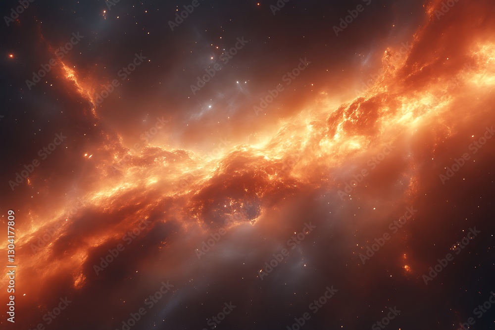 Fiery nebula glows amidst starry expanse of space Fiery nebula glows amidst starry expanse of space