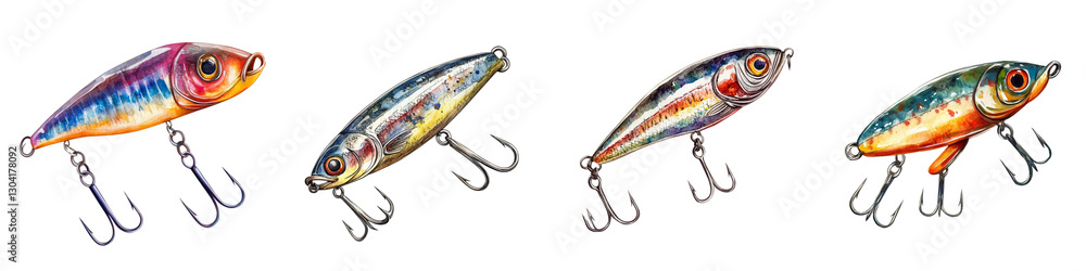 Colorful fishing lures with multiple hooks displayed row, showcasing vibrant designs and metallic finishes. These lures are ideal for attracting various fish species freshwater and saltwater Colorful fishing lures with multiple hooks displayed row, showcasing vibrant designs and metallic finishes. These lures are ideal for attracting various fish species freshwater and saltwater