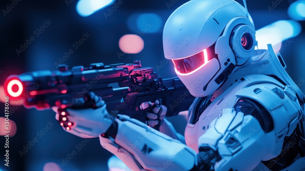 Fototapeta premium Futuristic robot soldier aiming a weapon in a neon-lit urban setting