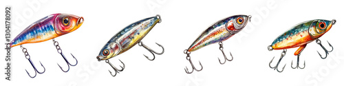 Colorful fishing lures with multiple hooks displayed row, showcasing vibrant designs and metallic finishes. These lures are ideal for attracting various fish species freshwater and saltwater
