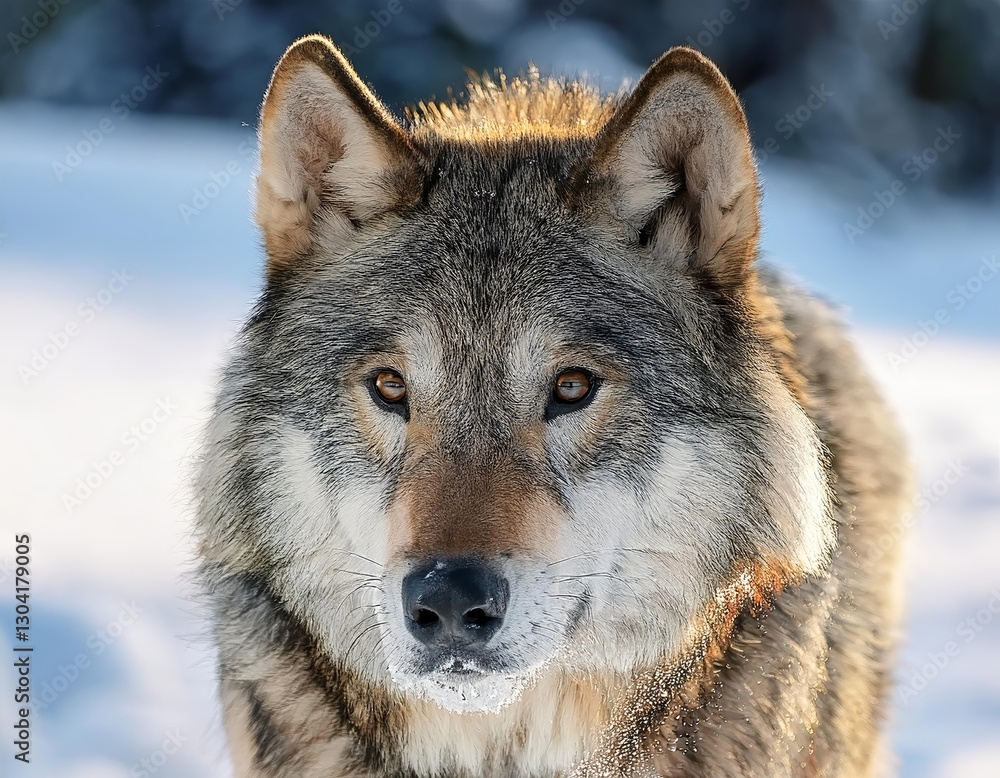 Fototapeta premium Wolf captures attention in serene snowy landscape during winter season
