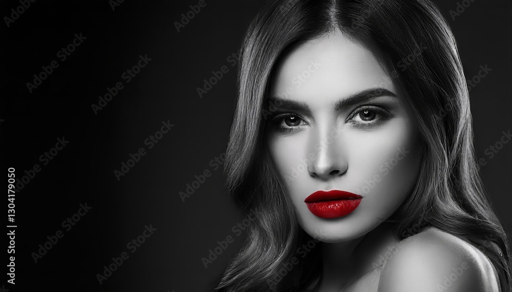 Elegant woman with striking red lips and mesmerizing gaze poses for a stunning monochrome portrait Elegant woman with striking red lips and mesmerizing gaze poses for a stunning monochrome portrait
