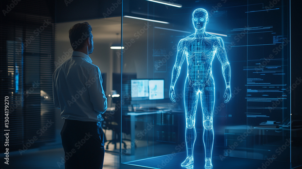 A high-tech AI-powered corporate assistant, glowing as a humanoid hologram, helping a businessman analyze complex data in a sleek, modern office.
A high-tech AI-powered corporate assistant, glowing as a humanoid hologram, helping a businessman analyze complex data in a sleek, modern office.