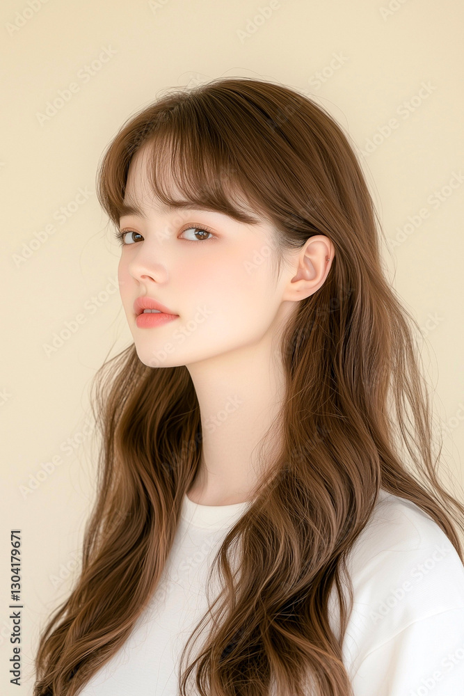 Fototapeta premium Young Woman with Wavy Hair Looking to the Side in a Minimalist Setting