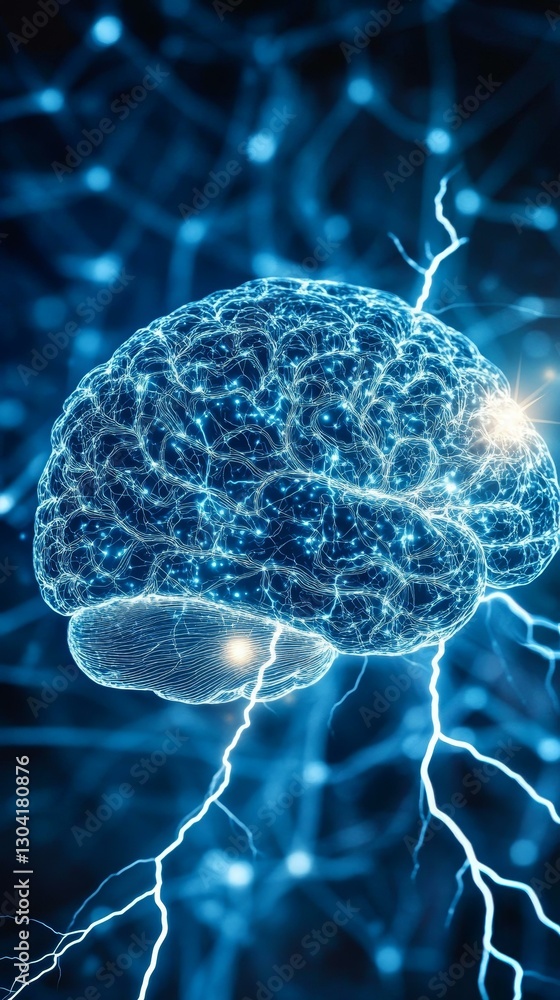 Human Brain Network Illustration with Electrical Energy Human Brain Network Illustration with Electrical Energy