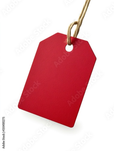 Red label hanging from string on white background