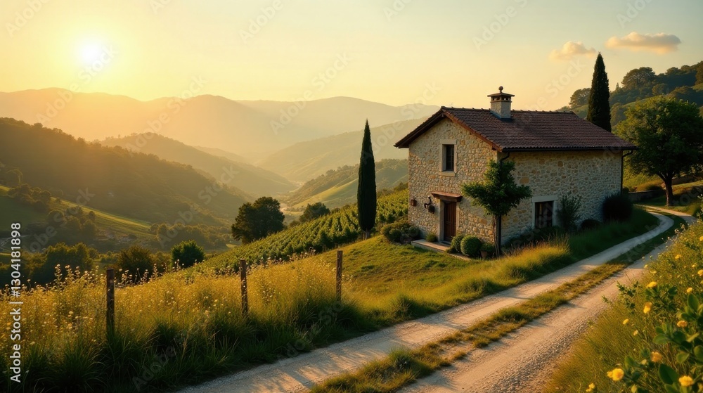 Serene Sunset View of a Stone House nestled in rolling hills, a picturesque country lane meandering towards a tranquil vineyard Serene Sunset View of a Stone House nestled in rolling hills, a picturesque country lane meandering towards a tranquil vineyard
