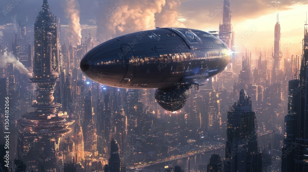 Futuristic Airship Soaring Above a Cyberpunk Metropolis at Sunset Futuristic Airship Soaring Above a Cyberpunk Metropolis at Sunset