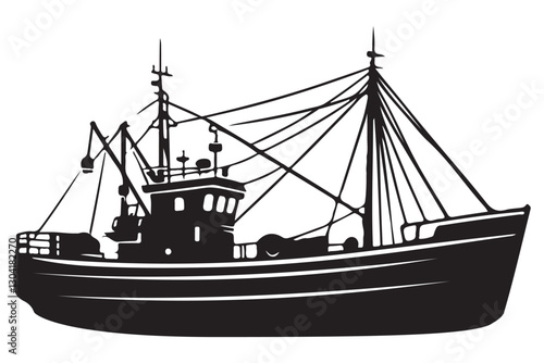 Commercial Fishing Boat Silhouette Vector Artwork on Sea