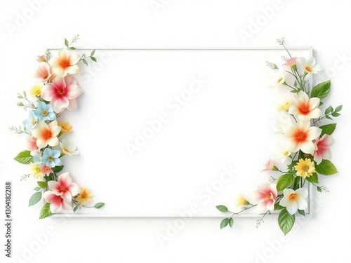 Generative A.I. creates a delicate floral frame with pastel flowers and lush green leaves, forming an elegant border for invitations, cards, or decorative designs with a soft, romantic touch