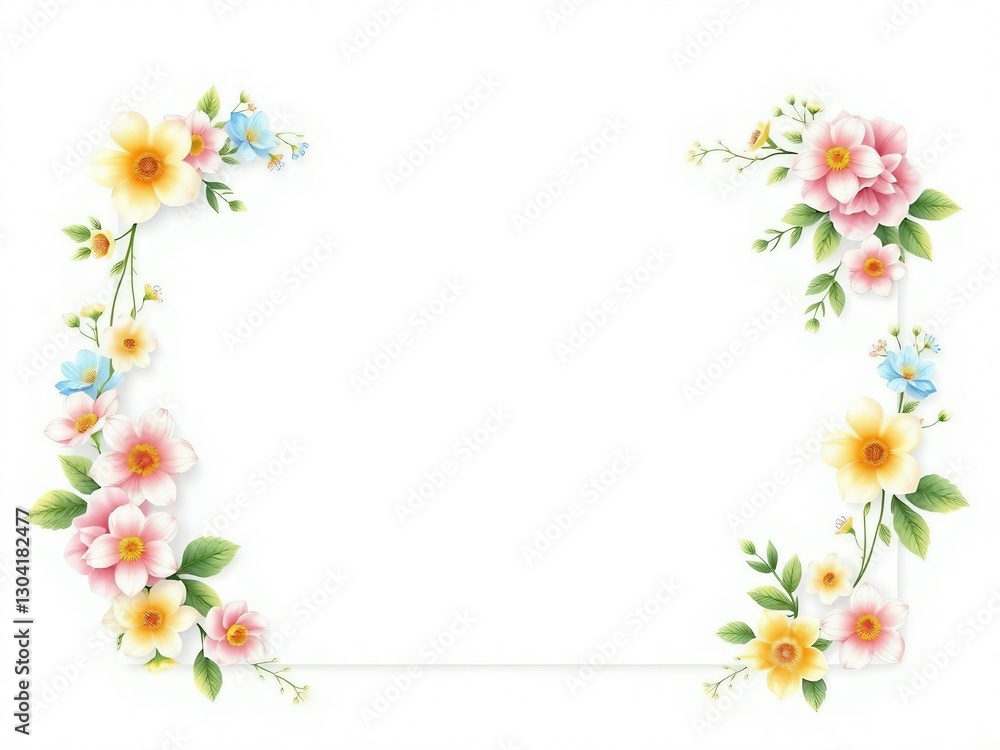 Fototapeta premium Generative A.I. creates a delicate floral frame with pastel flowers and lush green leaves, forming an elegant border for invitations, cards, or decorative designs with a soft, romantic touch
