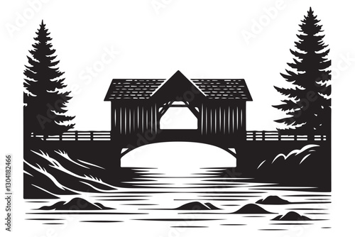 Majestic vector art of a covered bridge in tranquil nature scenery