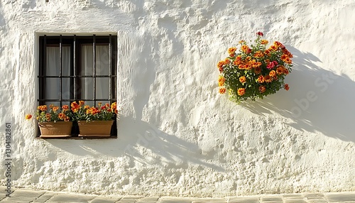Flowers on white wall near window in the sun