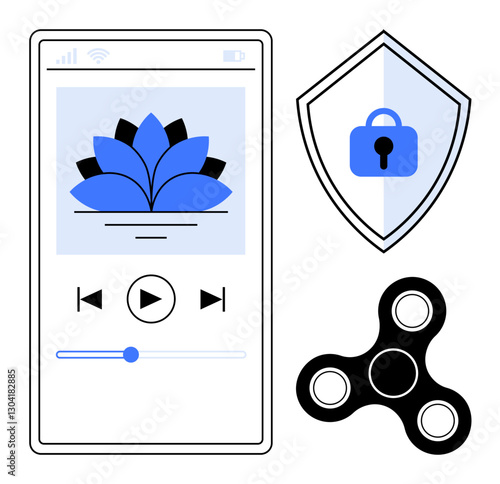 Smartphone displaying media player, shield with lock symbol, and fidget spinner. Ideal for technology, mobile apps, security, mindfulness, mental health relaxation stress relief concepts. Abstract
