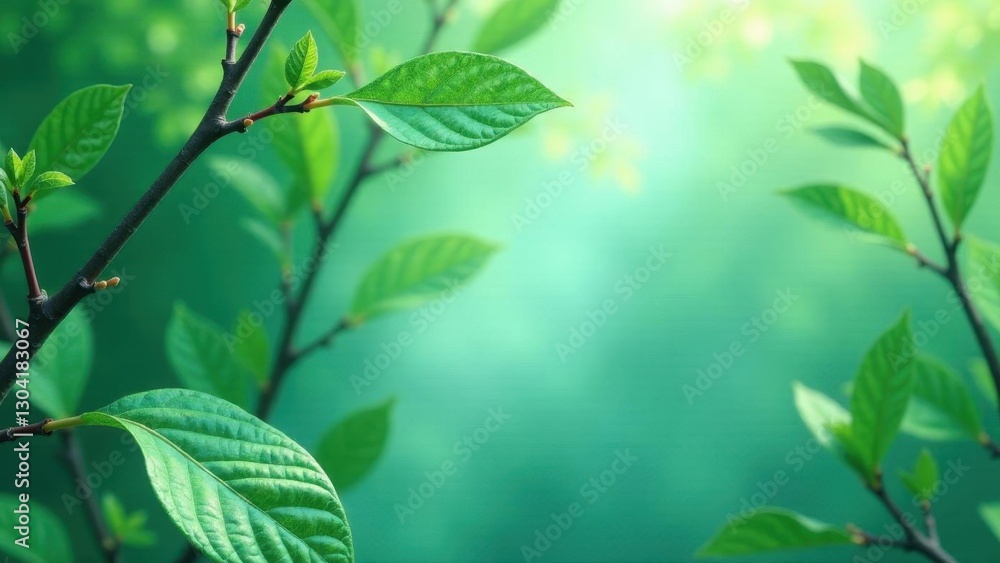 Fototapeta premium Vibrant Green Leaves on Slender Branches, a Serene Springtime Nature Scene Featuring Fresh Foliage and a Soft, Dreamy Background