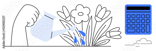 Hand watering blooming flowers alongside a calculator symbolizing nurturing success, growth, and financial balance. Ideal for investment, budgeting, planning, sustainability, creativity