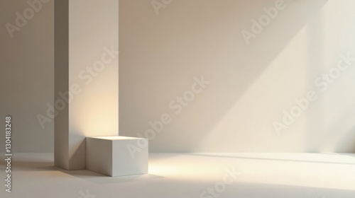 Minimalist White Cube Display Platform in a Sunlit Room with a Tall Vertical Element