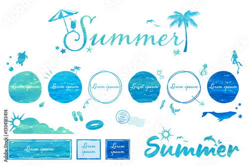Set of beautiful Summer vacation design materials such as labels, signs and banners. Vector illustration of summer sea and beach.