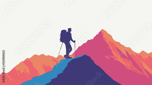 A digital illustration depicts a silhouette of a hiker with a backpack and trekking poles ascending a colorful mountain peak. The mountains are rendered in shades of pink, orange, and blue,