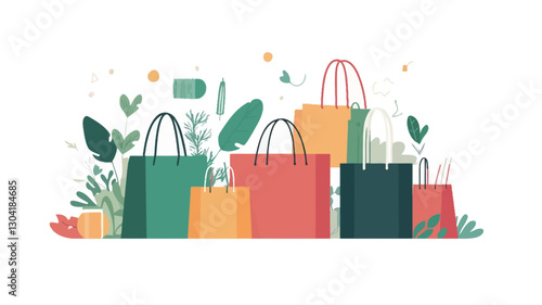 A digital illustration depicting a collection of shopping bags in various sizes and colors (green, orange, red, black). The bags are arranged in a row against a white background.  Stylized