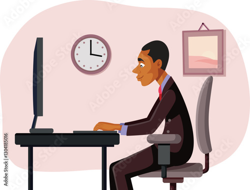 Vector Man Typing at the Computer Vector Drawing Illustration. Male office worker writing emails doing overtime 
