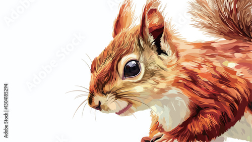 A detailed close-up digital painting of a red squirrel. The squirrel is depicted from the chest up, angled slightly to the left, against a pure white background.  The image showcases the