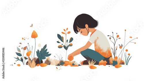 Digital illustration depicting a young girl with short dark hair, wearing a light-colored shirt and teal pants, crouched down in a garden.  She is gently placing a seed into the soil. The