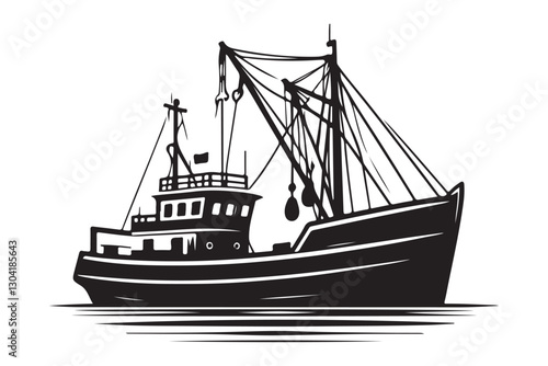 Silhouette Fishing Boat Vessel Maritime Industry Vector Illustration