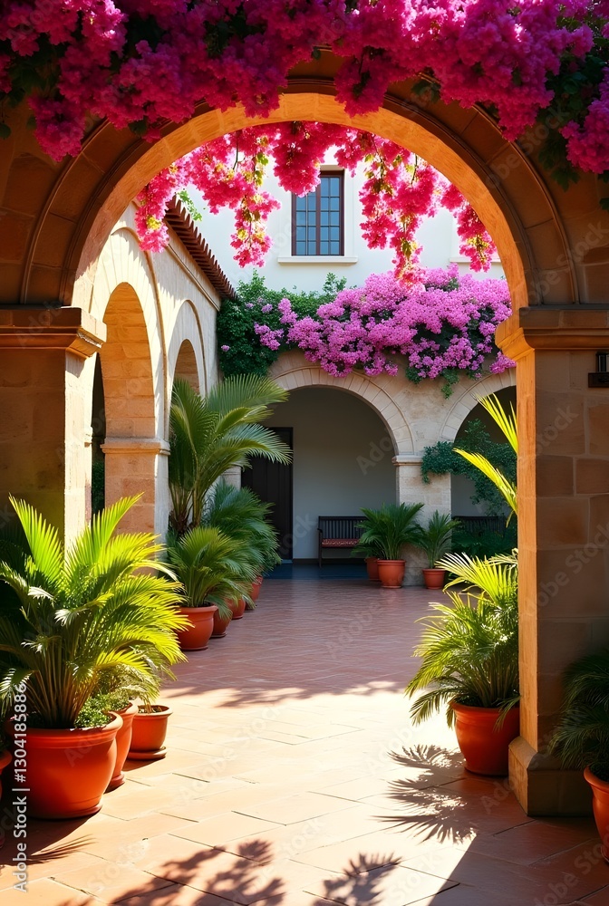Fototapeta premium Courtyard with Arched Entryway and Potted Plants