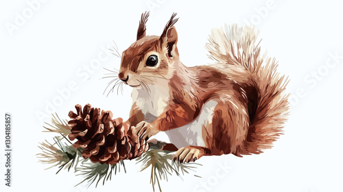 A digital watercolor painting of a red squirrel sitting beside a pine cone on a pine branch. The squirrel is depicted in detail, showing its fur texture and facial features. The colors are
