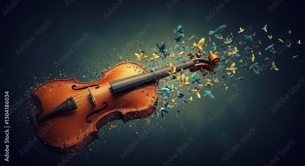 Fototapeta premium Violin Dissolving into Birds: A Symphony of Beauty