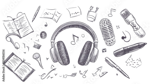 A grayscale hand-drawn illustration featuring a pair of over-ear headphones at the center.  Surrounding the headphones are various sketches of creative tools and elements including books,