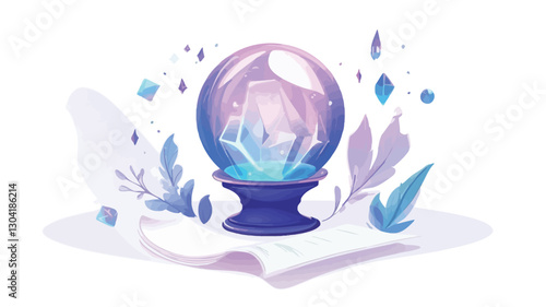 Digital illustration depicting a crystal ball on a dark purple stand. The crystal ball glows with a soft purple and blue light.  The scene is surrounded by stylized, pastel-colored leaves