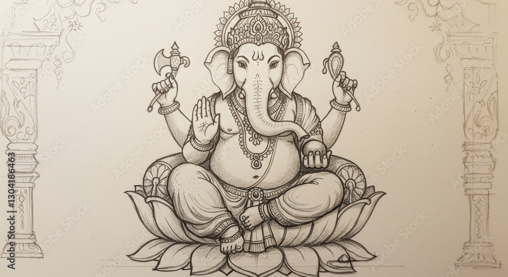 Ganesha Sketch Seated on Lotus Flower with Decorative Pillars Artwork Ganesha Sketch Seated on Lotus Flower with Decorative Pillars Artwork
