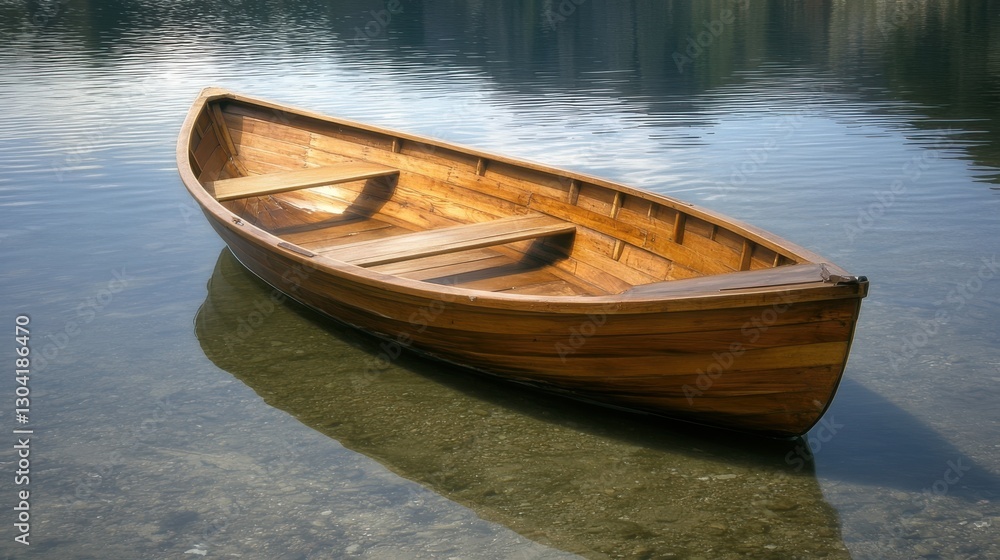 Classic Wooden Boat Floating Gently on Serene Clear Water Classic Wooden Boat Floating Gently on Serene Clear Water