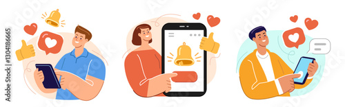 Social network concept. Follower subscriptions, audience comments and heart reactions, likes. Public opinion and praise