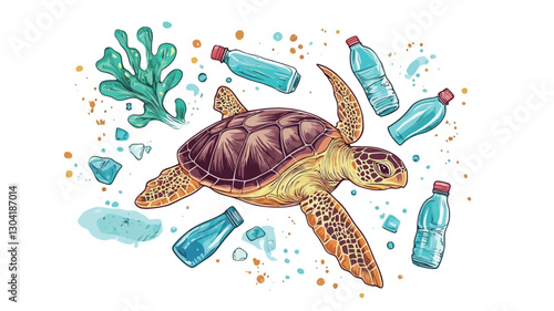 The illustration depicts a sea turtle swimming amidst various pieces of plastic waste, including several plastic bottles. The style is a colorful, detailed drawing with watercolor-like