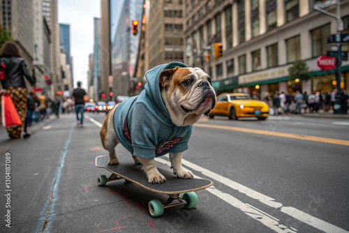 Bulldog in Hoodie Skateboarding in NYC Street