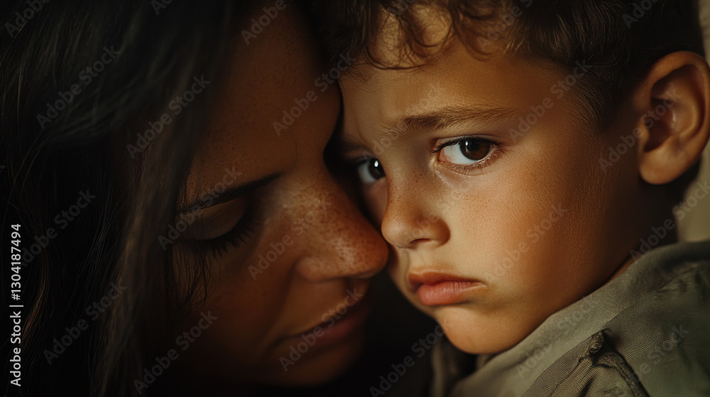 A close-up artistic shot of a mother gently touching her son's face, deep emotion, eyes filled with love and sorrow A close-up artistic shot of a mother gently touching her son's face, deep emotion, eyes filled with love and sorrow