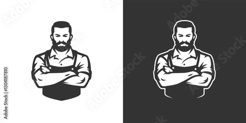 Strong brutal man barber shop gentleman grooming icon for logo set vector illustration. Male with crossed hands coiffure hairstyle haircut beard mustache shaving service minimalist badge design