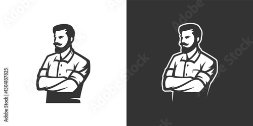 Barbershop brutal man with crossed hands minimalist icon for logo set vector illustration. Barber shop strong fashionable male with mustache and beard coiffure gentleman grooming service badge